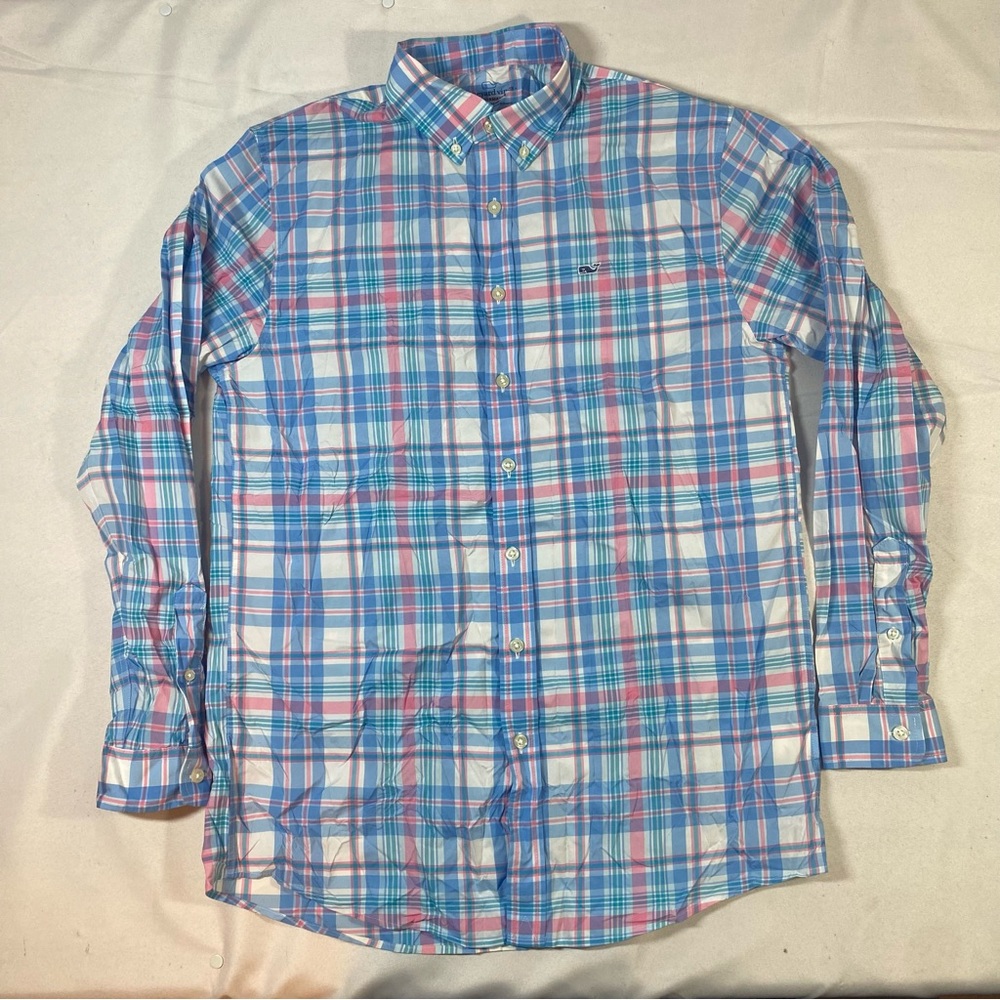 Vineyard Vines Shirt Boy’s XL Long Sleeve whale button Up Blue Performance